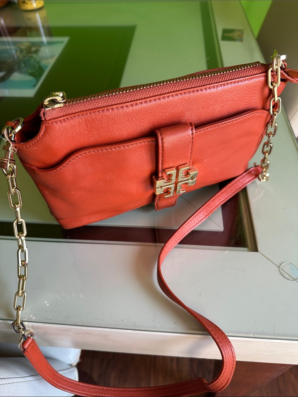 Tory Burch Coral-Orange Leather Crossbody with Gold Chain